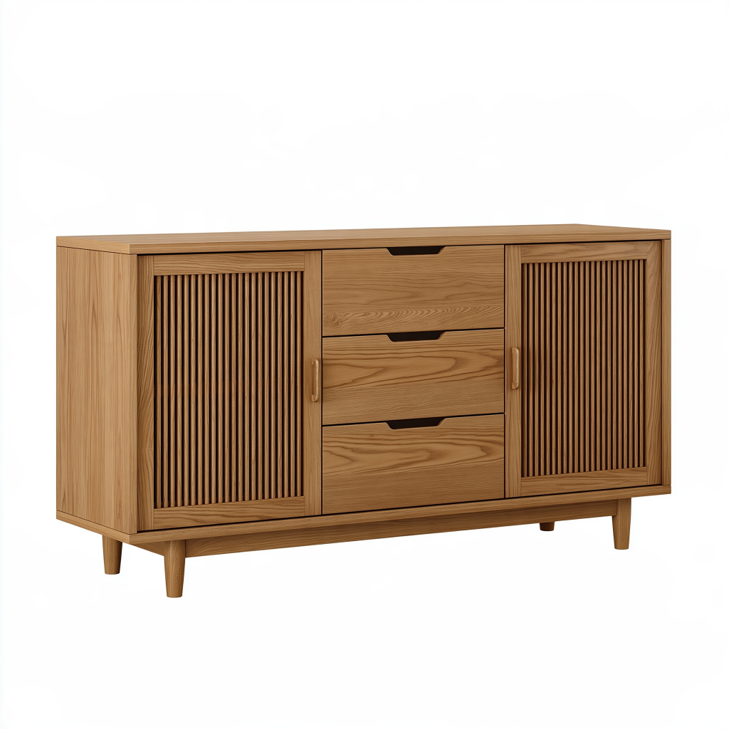 Buffet 160 x 40 x 85 cm en bois chêne naturel avec 3 tiroirs et 2 portes style scandinave