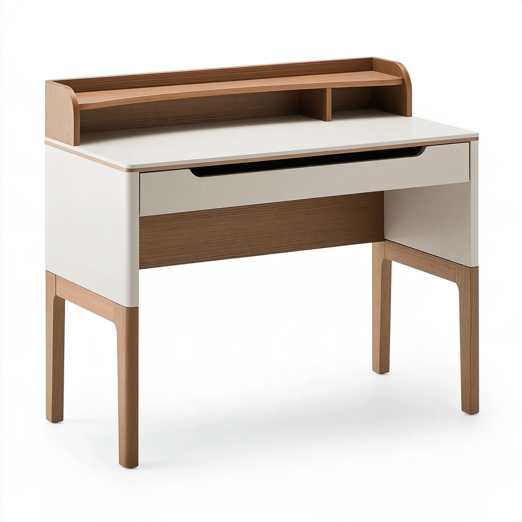 Bureau 100 x 55 x 95 cm en bois et panneau blanc/naturel avec tiroir et étagère