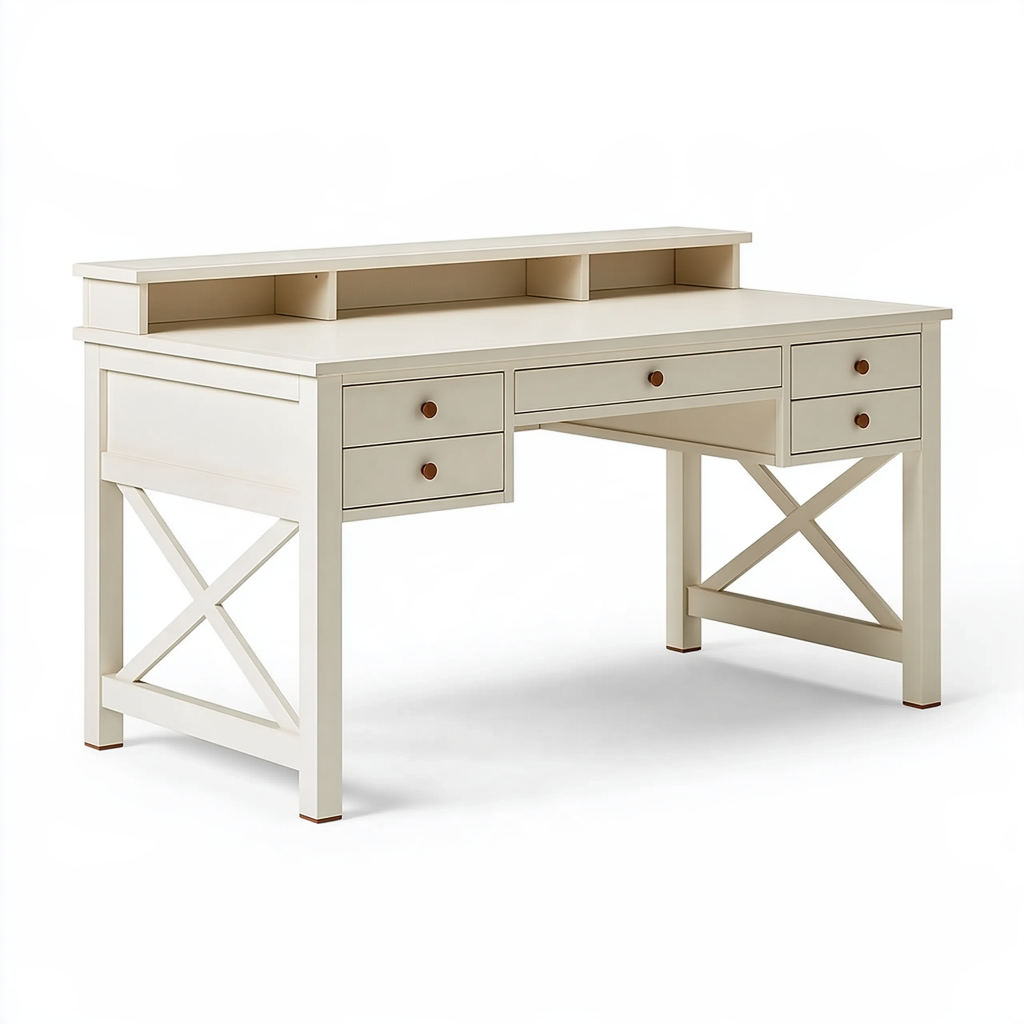 Bureau 150 x 60 x 90 cm en bois blanc avec 5 tiroirs et rangement style campagne