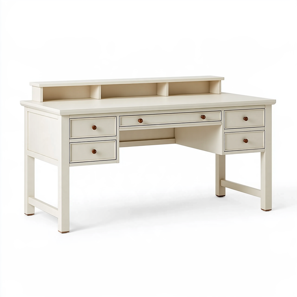 Bureau 150 x 60 x 95 cm en bois blanc avec 5 tiroirs et étagères style classique