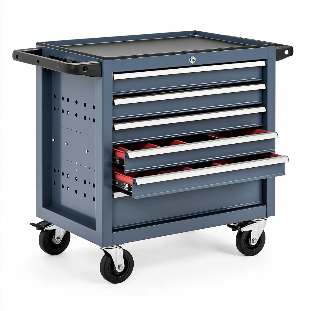 Chariot d atelier 80 x 45 x 95 cm en acier bleu avec 5 tiroirs et roulettes