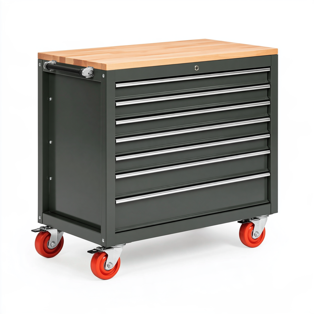 Servante d'atelier 72 x 46 x 97 cm en acier vert foncé avec plateau en bois et 8 tiroirs sur roulettes