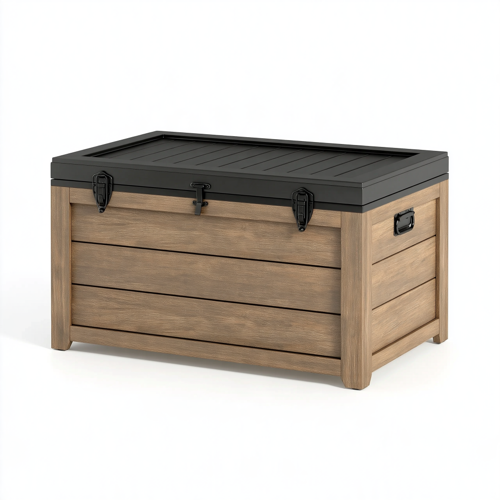 Coffre de rangement extérieur 120 x 60 x 65 cm en bois marron avec couvercle noir