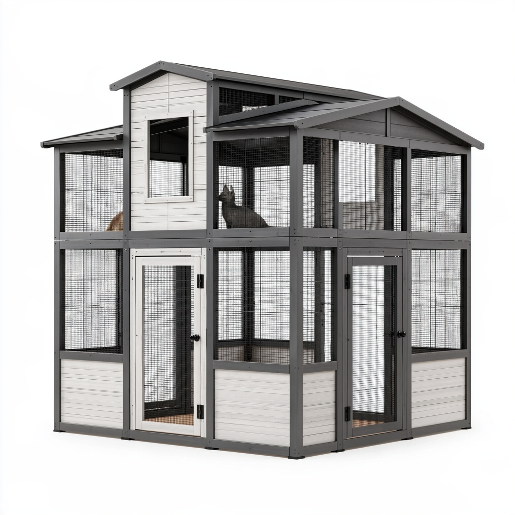 Enclos extérieur pour chats 180 x 120 x 180 cm en bois gris avec grillage et abri à deux niveaux
