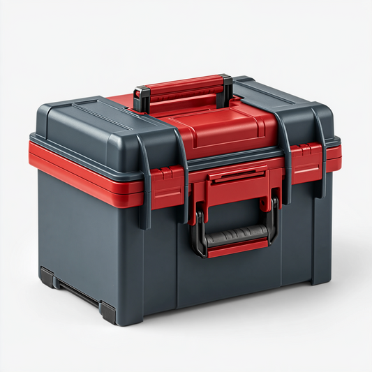 Boîte à outils 50 x 30 x 30 cm en plastique gris anthracite et rouge avec poignées de transport