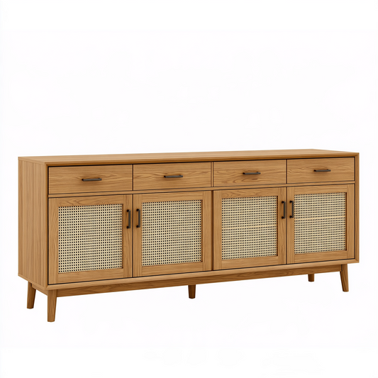 Buffet 180 x 40 x 85 cm en bois marron naturel et cannage à 4 portes et 4 tiroirs style bohème