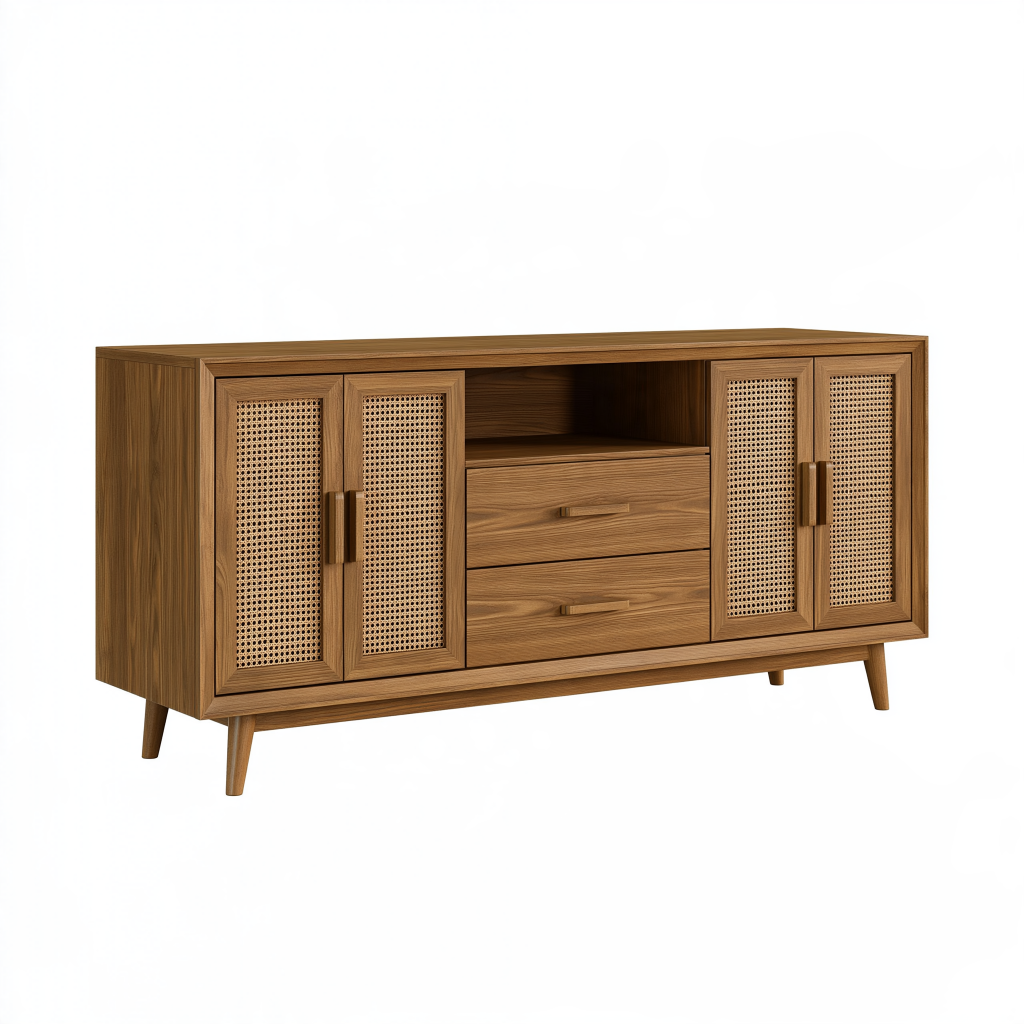 Buffet 160 x 40 x 80 cm en bois marron avec cannage - rangement style rétro