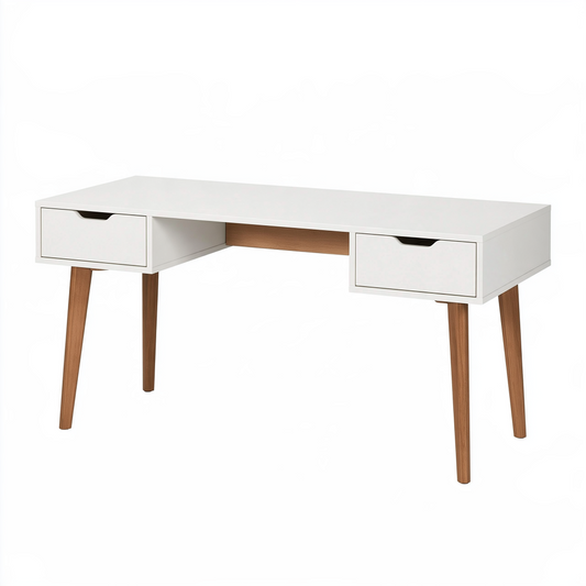 Bureau 120 x 60 x 75 cm en bois blanc et marron avec 2 tiroirs style scandinave