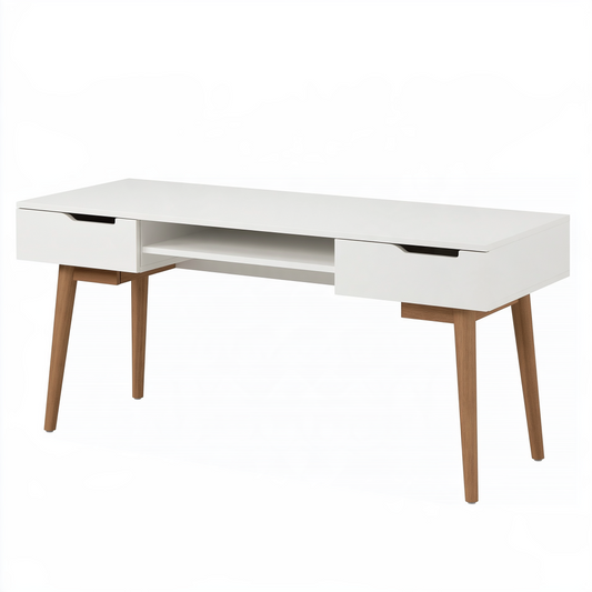 Bureau 120 x 60 x 75 cm en bois blanc et naturel avec 2 tiroirs style scandinave