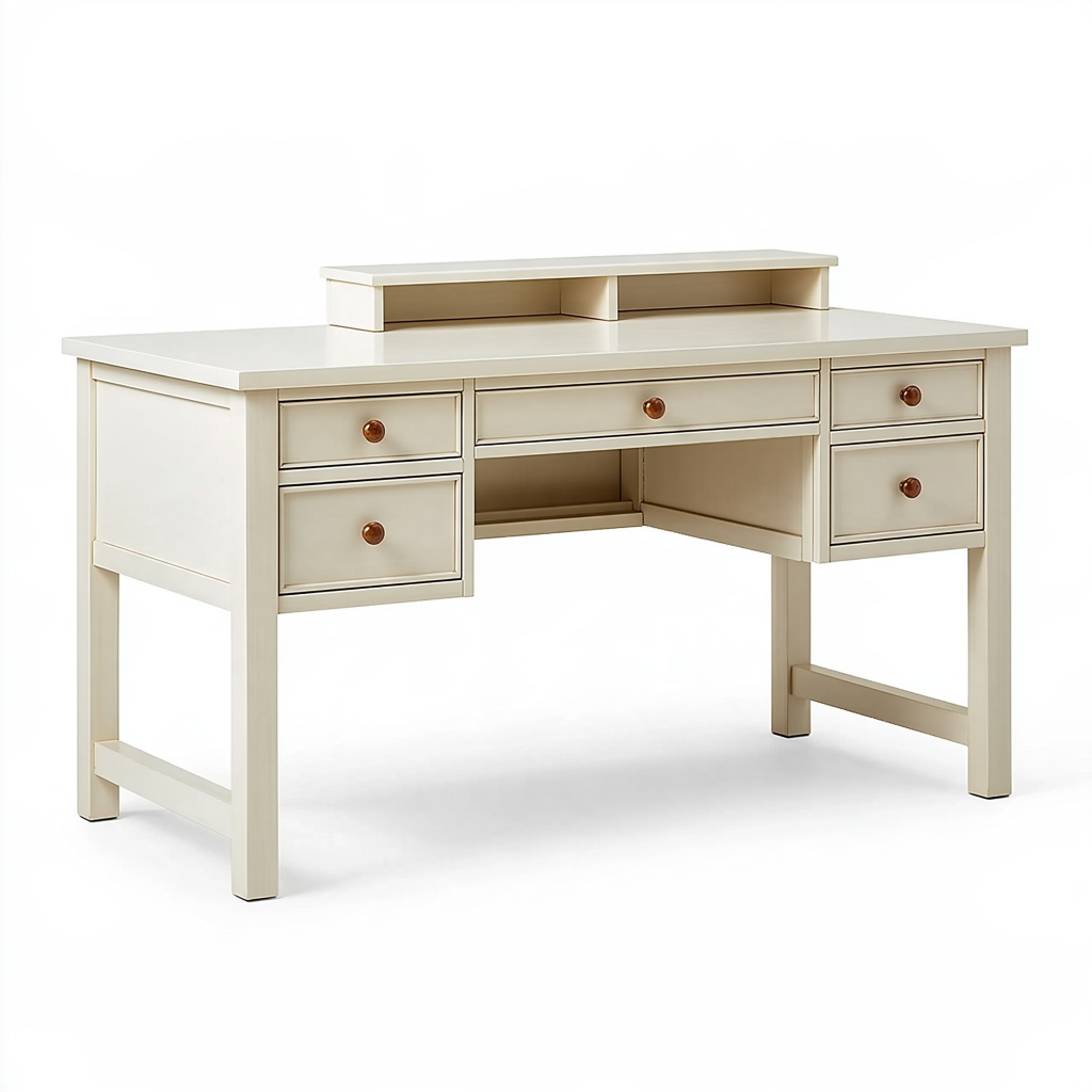 Bureau 150 x 75 x 90 cm en panneaux de bois blanc cassé avec tiroirs style classique