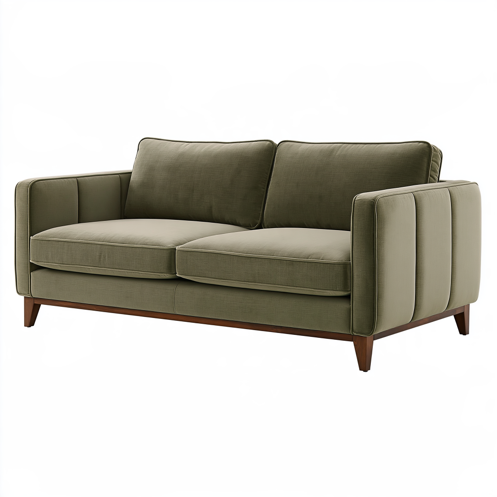 Canapé 2 places 180 cm en tissu vert olive pieds en bois style contemporain