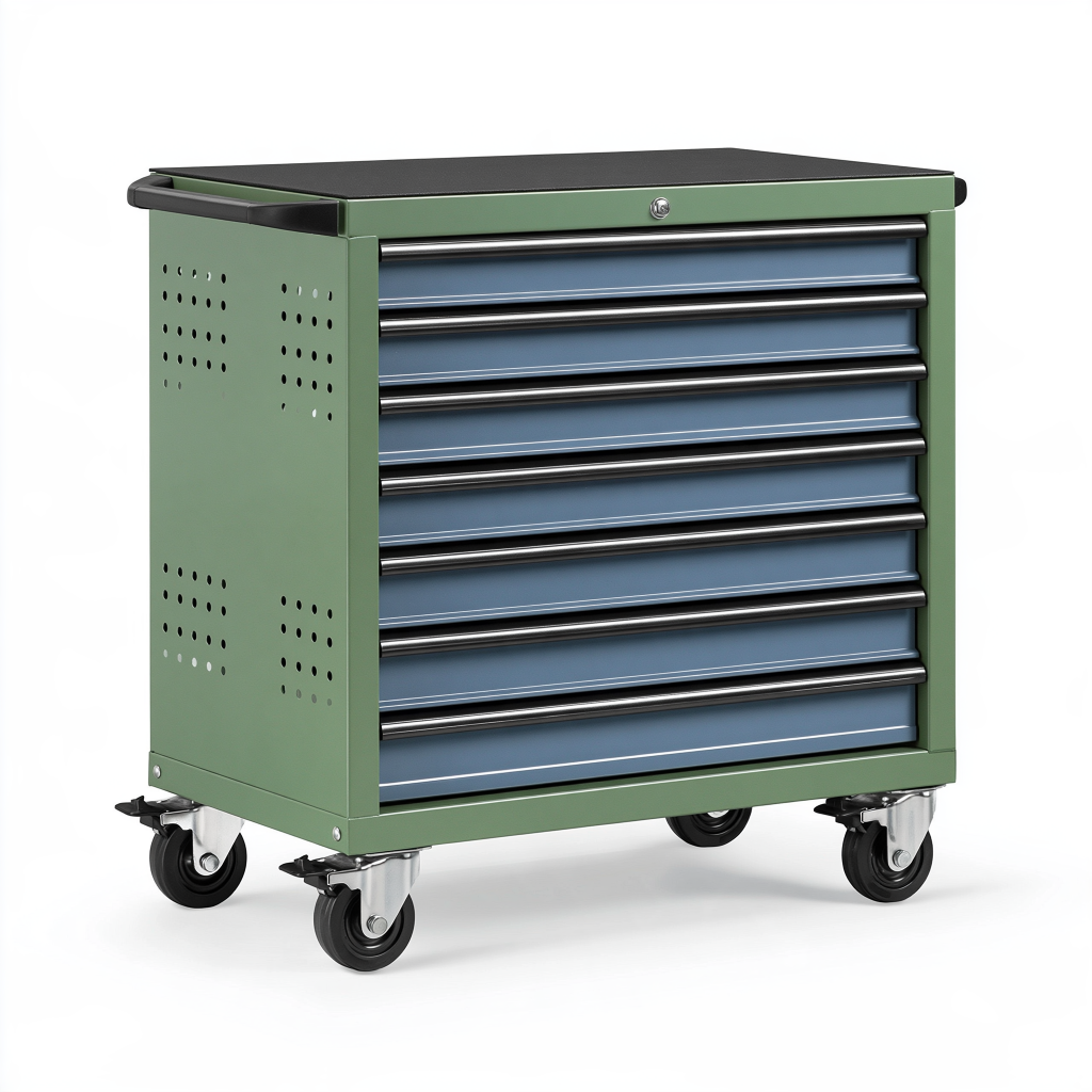 Servante d'atelier 77 x 46 x 96 cm en acier vert et bleu à 7 tiroirs sur roulettes