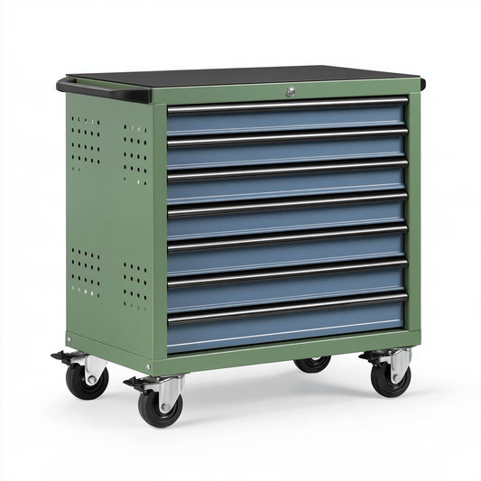 Servante d'atelier 77 x 46 x 96 cm en acier vert et bleu à 7 tiroirs sur roulettes
