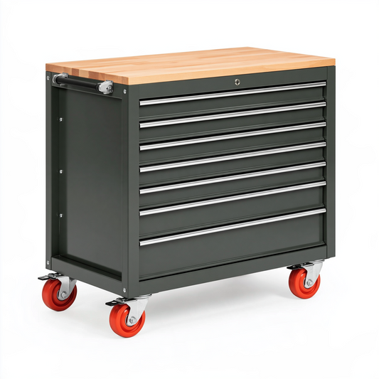 Servante d'atelier 72 x 46 x 97 cm en acier vert foncé avec plateau en bois et 8 tiroirs sur roulettes