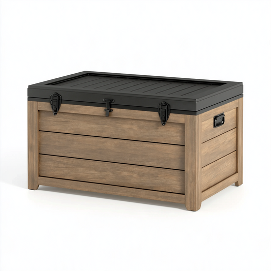 Coffre de rangement extérieur 120 x 60 x 65 cm en bois marron avec couvercle noir