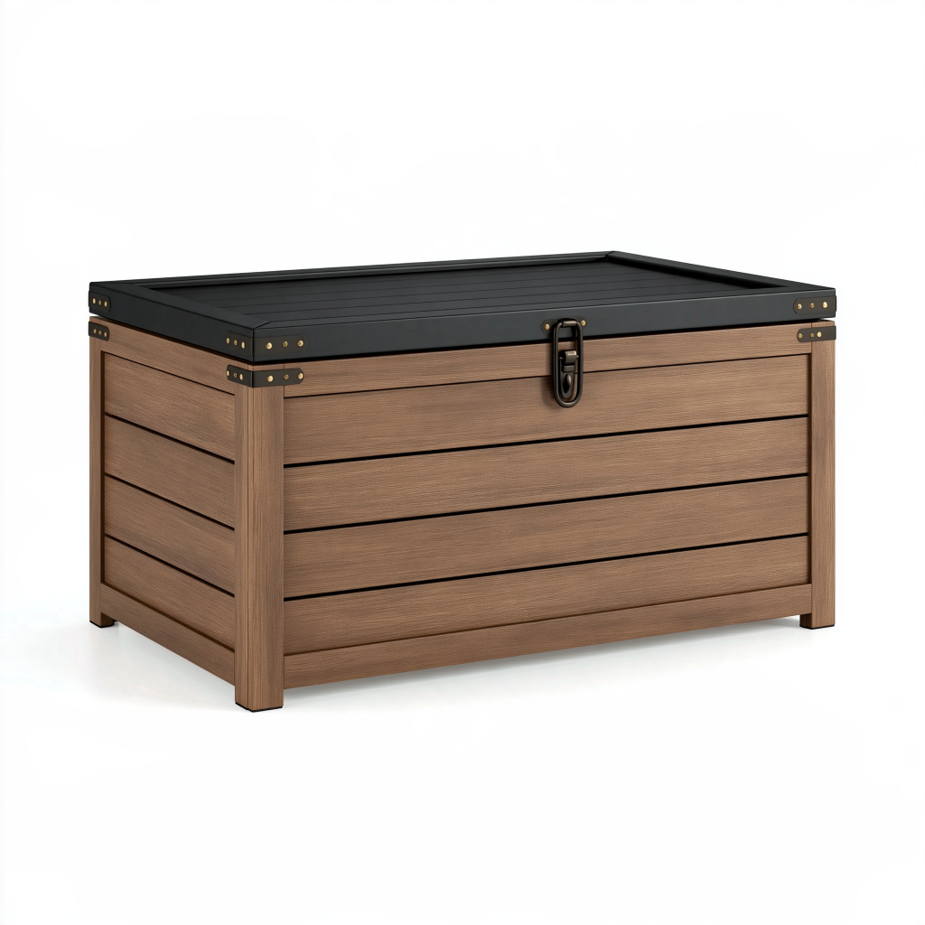 Coffre de rangement 120 x 60 x 65 cm en bois brun avec couvercle noir style industriel