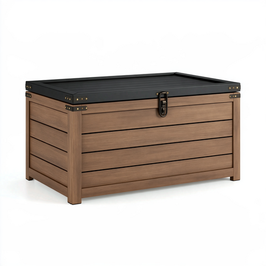 Coffre de rangement 120 x 60 x 65 cm en bois brun avec couvercle noir style industriel