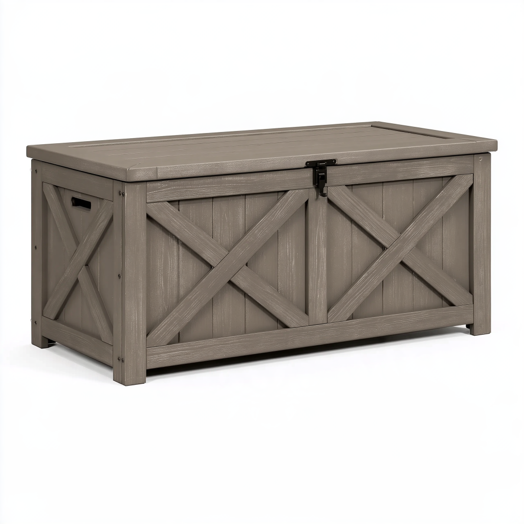 Coffre de rangement extérieur 132 x 72 x 64 cm en résine taupe avec couvercle verrouillable style rustique