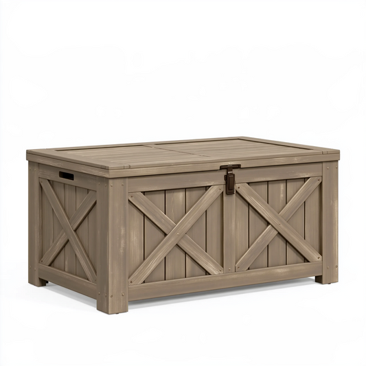 Coffre de rangement extérieur 120 x 60 x 60 cm en résine taupe aspect bois avec couvercle à loquet
