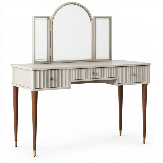 Coiffeuse 120 x 45 x 142 cm en bois blanc et noyer avec miroir triptyque style contemporain