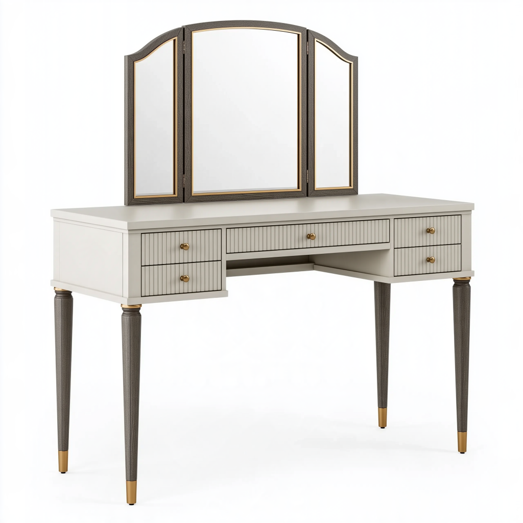 Coiffeuse 140 x 50 x 160 cm en bois et verre blanc gris avec miroir triptyque et 5 tiroirs