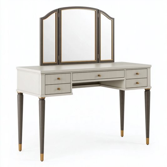 Coiffeuse 140 x 50 x 160 cm en bois et verre blanc gris avec miroir triptyque et 5 tiroirs
