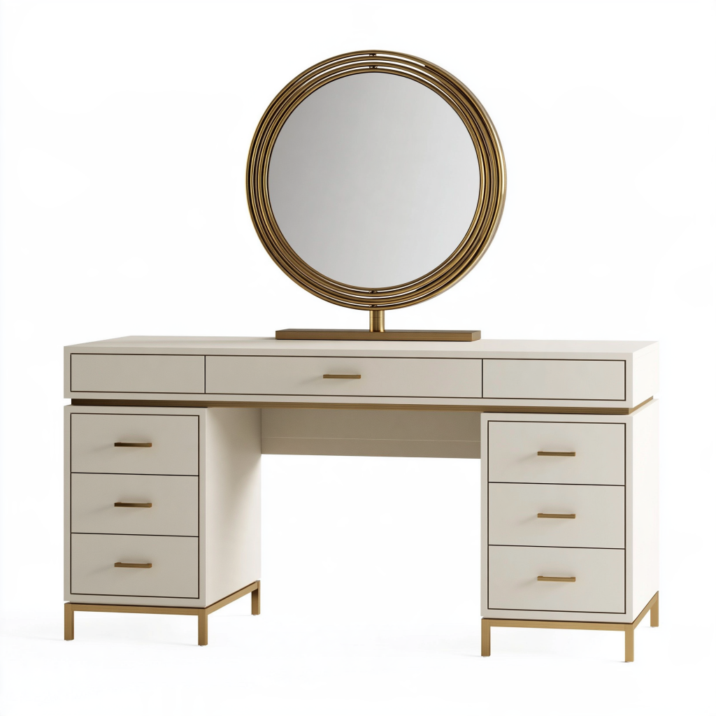 Coiffeuse 120 cm blanc et doré avec miroir rond et 7 tiroirs style contemporain