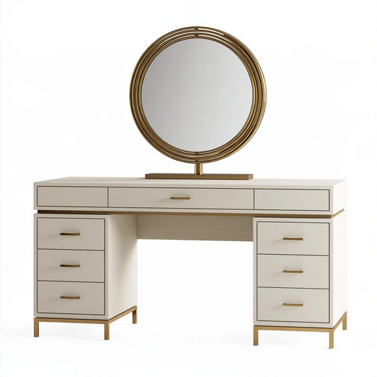 Coiffeuse 120 cm blanc et doré avec miroir rond et 7 tiroirs style contemporain