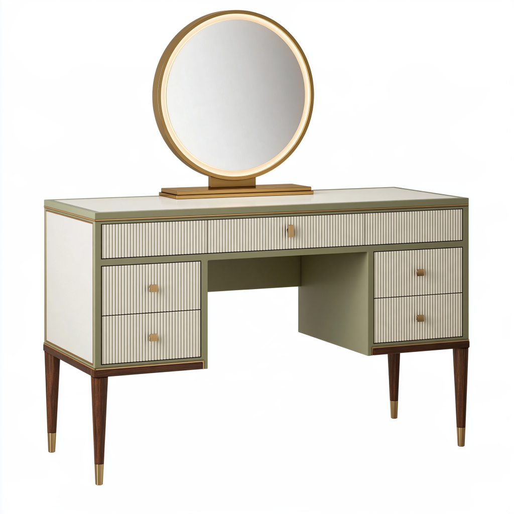 Coiffeuse avec miroir 120 x 50 x 145 cm en panneaux de bois crème doré style Art déco avec 5 tiroirs
