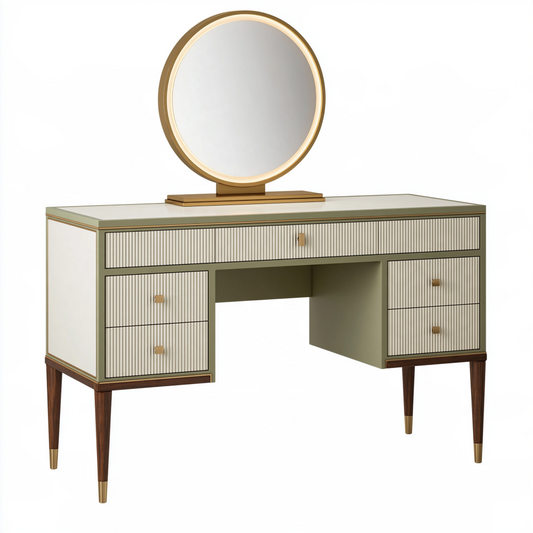 Coiffeuse avec miroir 120 x 50 x 145 cm en panneaux de bois crème doré style Art déco avec 5 tiroirs