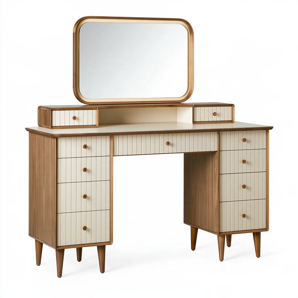Coiffeuse 120 x 45 x 145 cm en panneaux de bois marron et crème avec miroir et tiroirs style rétro