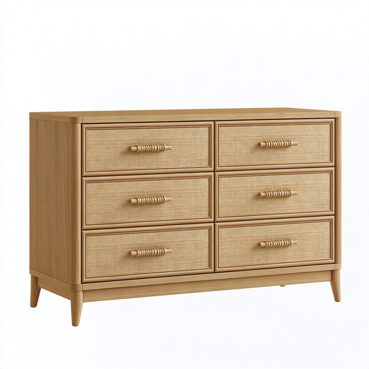 Commode 120 x 45 x 90 cm en bois naturel avec cannage 6 tiroirs style bohème