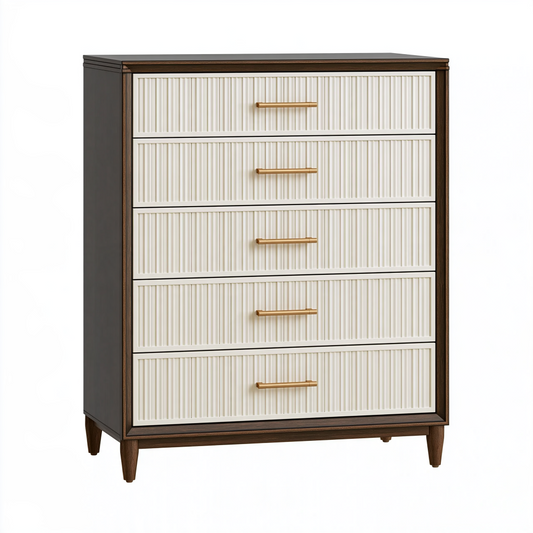 Commode 90 x 45 x 125 cm en panneaux de bois blanc et brun à 5 tiroirs style contemporain