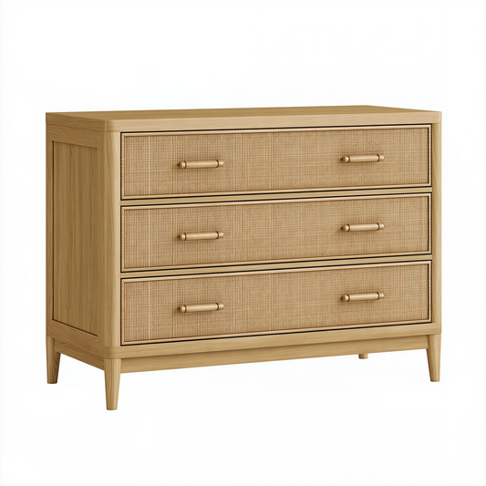 Commode 3 tiroirs 120 x 45 x 90 cm bois et cannage chêne clair rangement style naturel