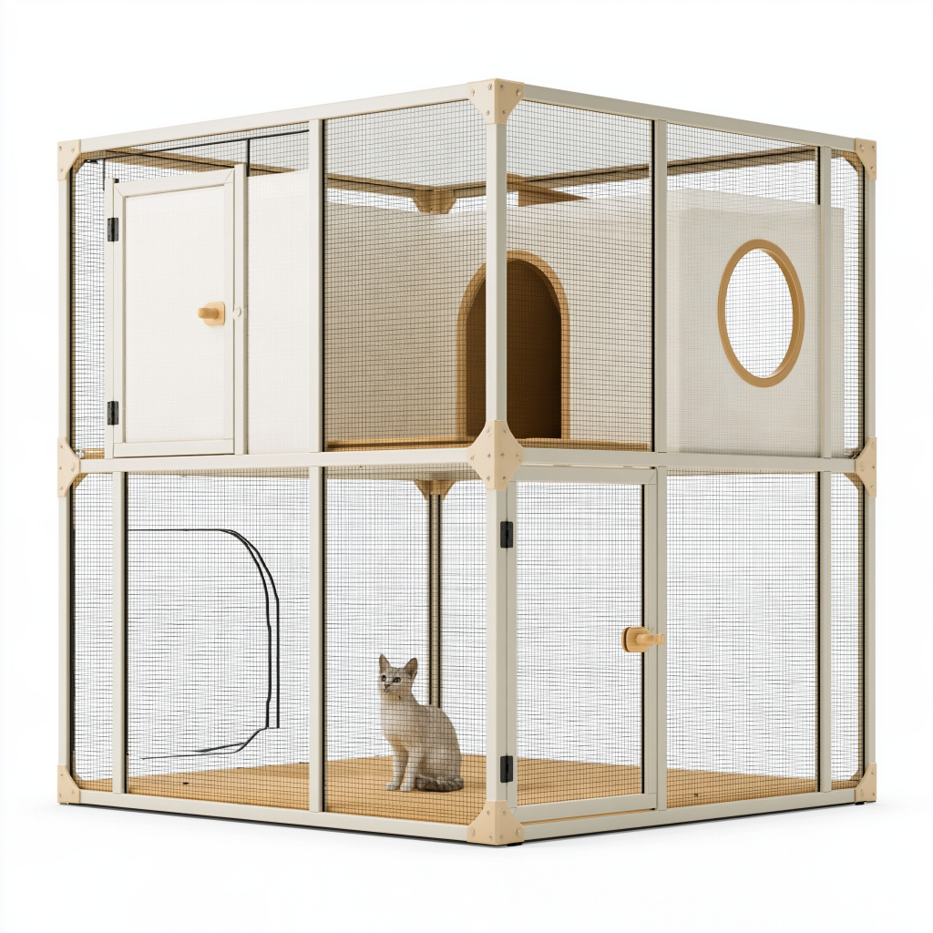 Enclos pour chat 180 x 90 x 180 cm en métal beige avec panneaux en bois et plateformes