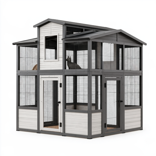 Enclos extérieur pour chats 180 x 120 x 180 cm en bois gris avec grillage et abri à deux niveaux