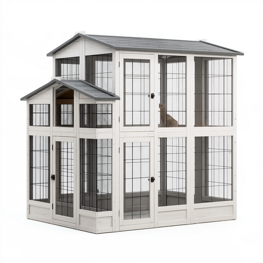 Enclos pour chat 240 x 120 x 220 cm en bois blanc et grillage métallique avec toit