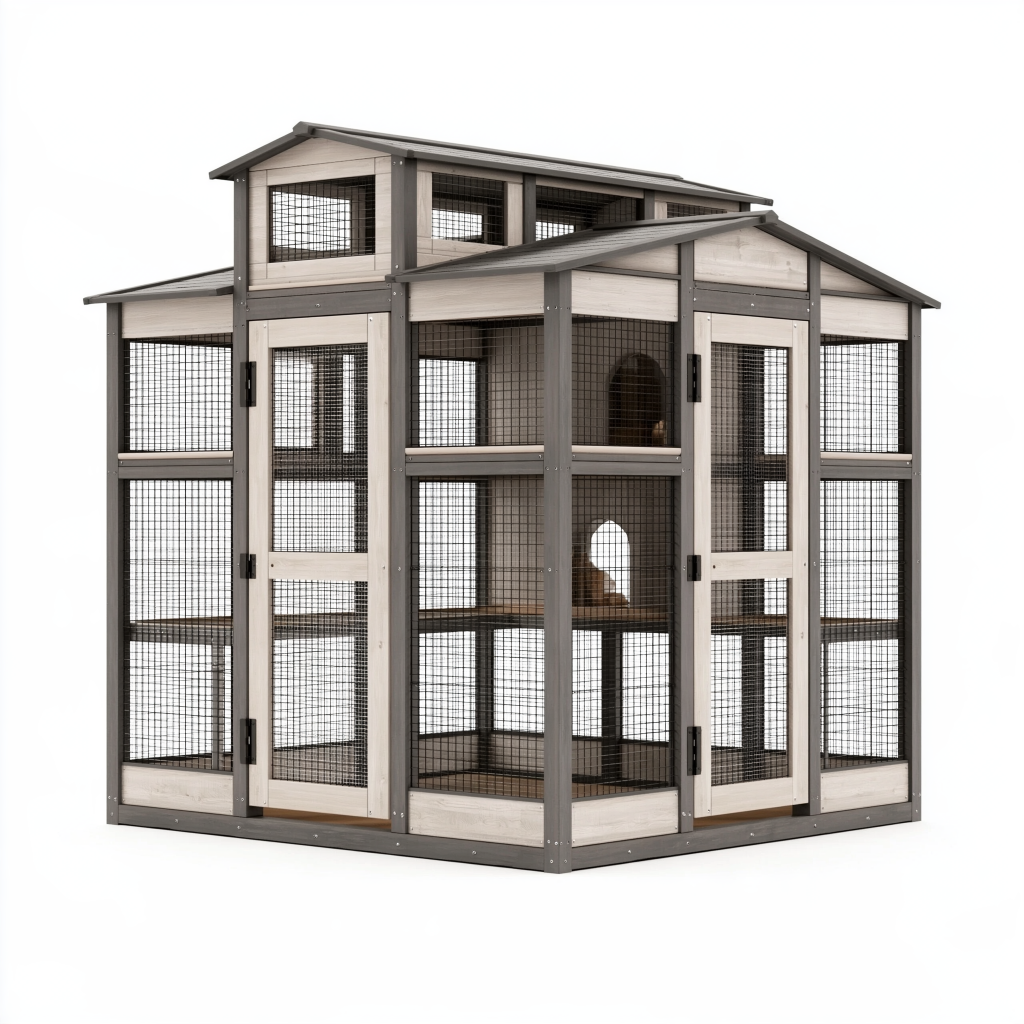Enclos extérieur pour chats 190 x 115 x 185 cm en bois gris avec grillage métallique - abri à plusieurs niveaux