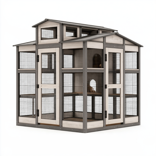 Enclos extérieur pour chats 190 x 115 x 185 cm en bois gris avec grillage métallique - abri à plusieurs niveaux